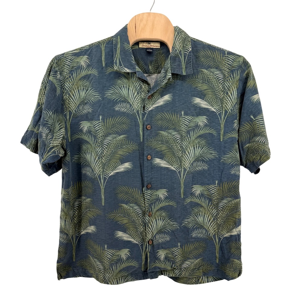 Tommy Bahama Mens XL Pre-Owned Shirt Blue 100% Silk Palm Tree Print Aloha Hawaii